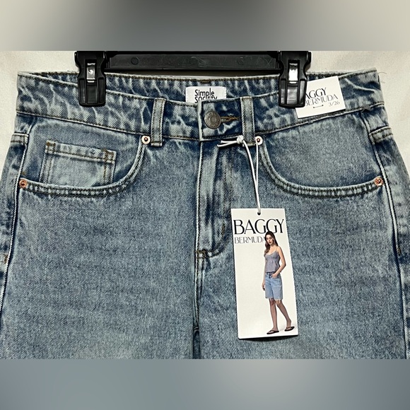 NWT Simple Society Baggy Bermuda Jean Shorts Denim Distressed Oversized Dad - Picture 3 of 11